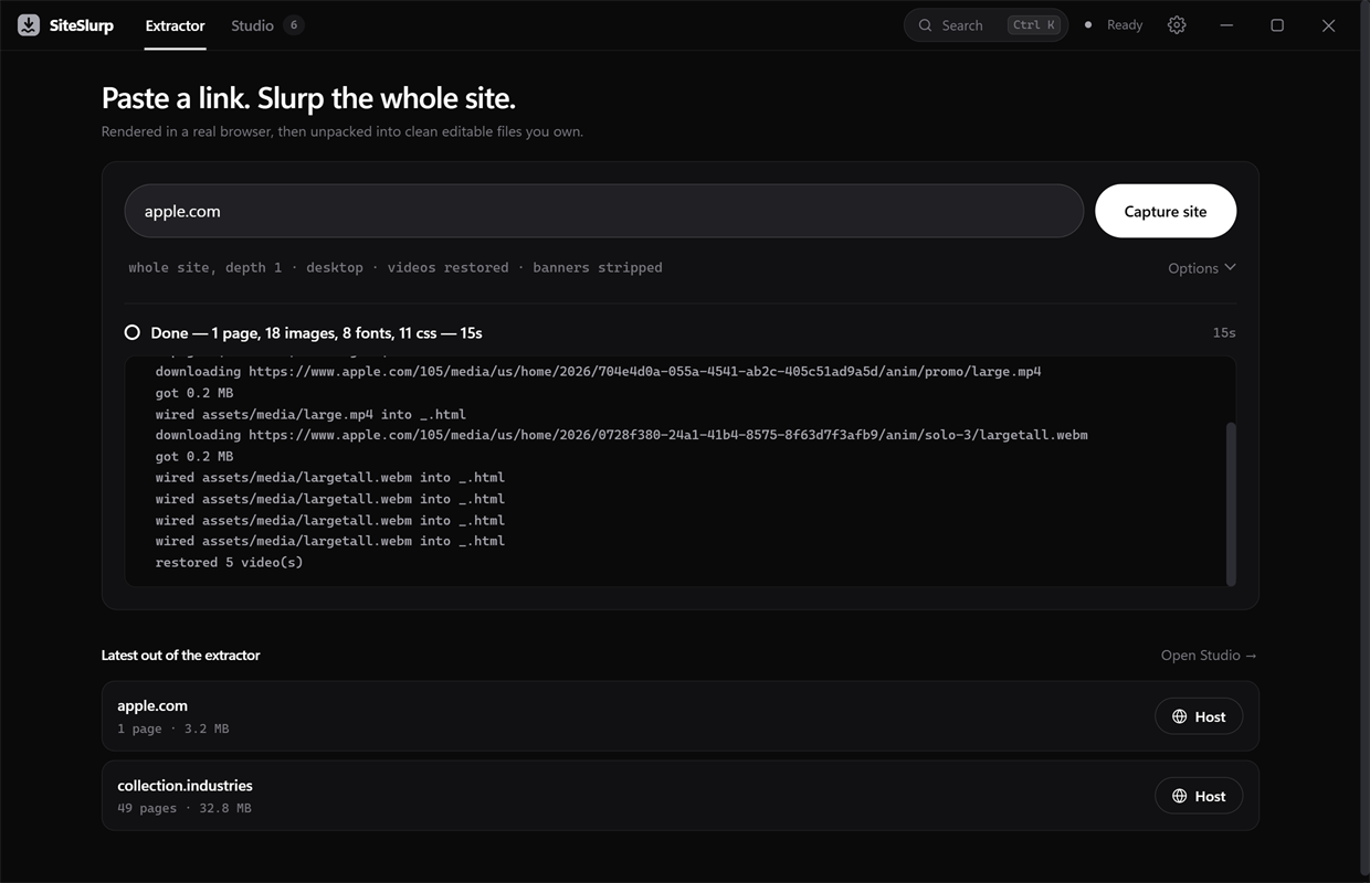 The SiteSlurp Studio window on its Extractor tab. The heading reads 'Paste a link. Slurp the whole site.' apple.com is typed into the capture field next to a white Capture site button, and a finished run log reads: Done — 1 page, 18 images, 8 fonts, 11 css — 15 seconds.