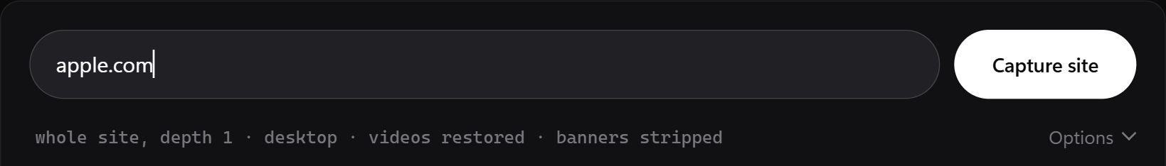 The capture bar: apple.com in the URL field, a white Capture site button, and the options line reading 'whole site, depth 1, desktop, videos restored, banners stripped'.
