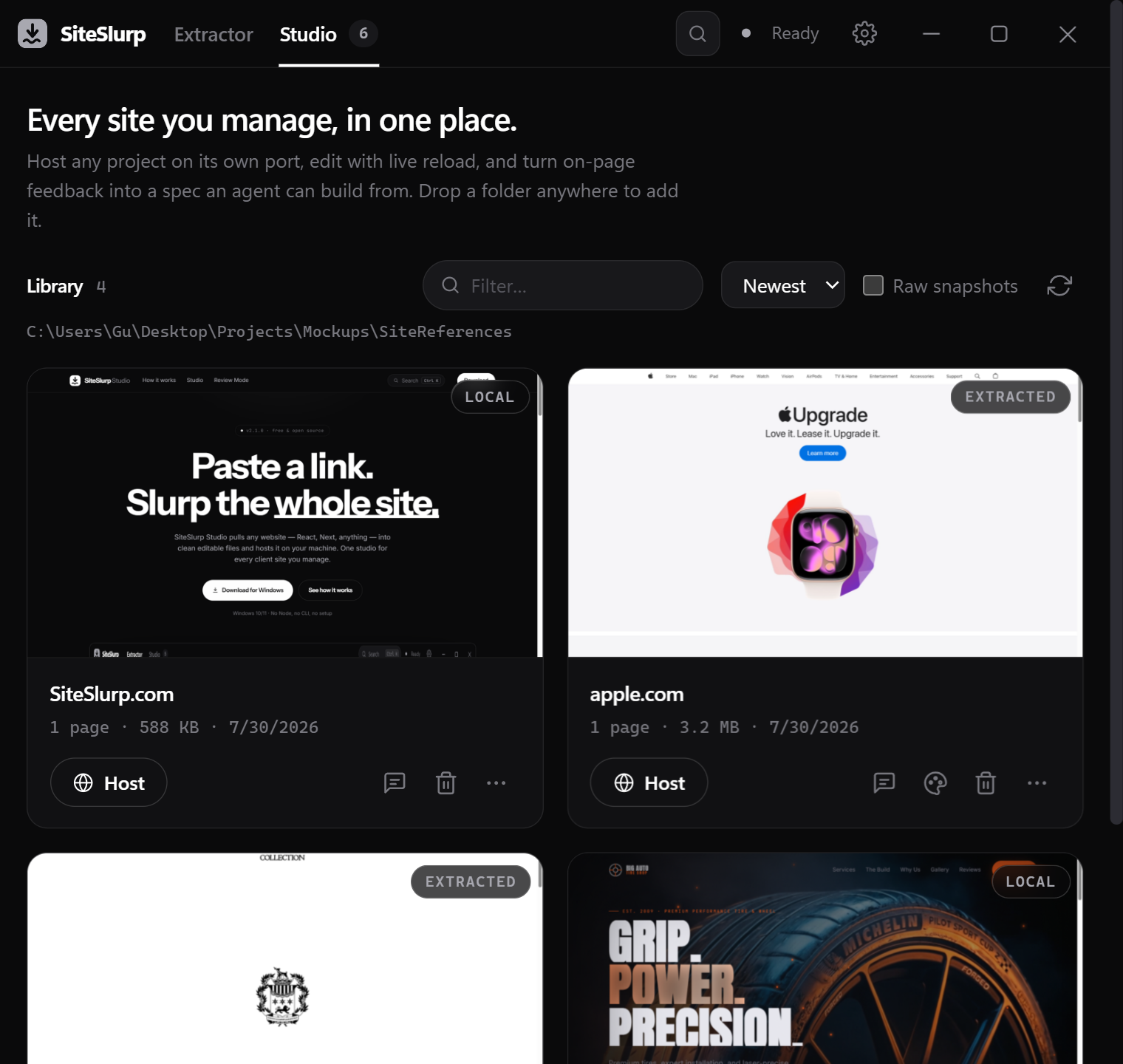 The Studio tab: four project cards — SiteSlurp.com, apple.com, collection.industries and big-auto-tire-shop — with live thumbnails, page counts, sizes and dates, plus filter and sort controls.